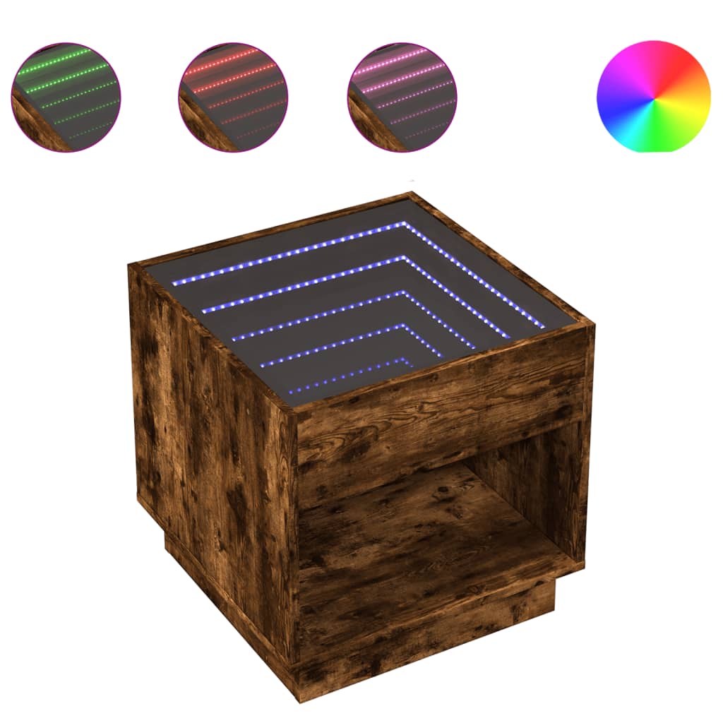 sengebord med Infinity LED-lys 50x50x50 cm røget egetræsfarve