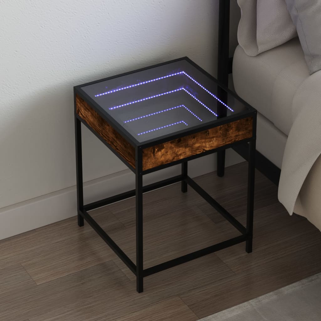 sengebord med Infinity LED-lys 40x40x51 cm røget egetræsfarve