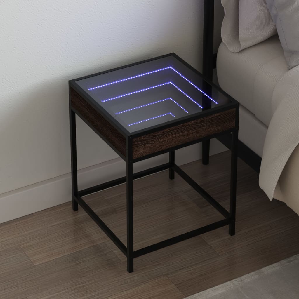sengebord med Infinity LED-lys 40x40x51 cm brun egetræsfarve