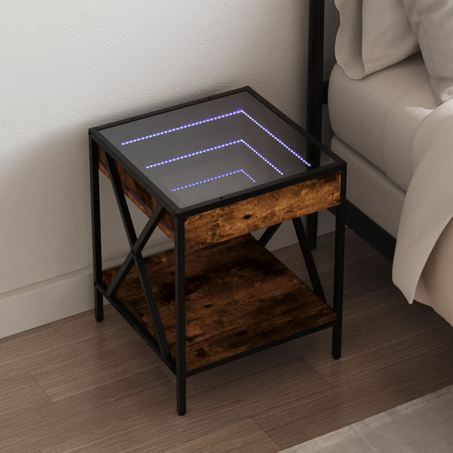 sengebord med Infinity LED-lys 40x40x49 cm røget egetræsfarve