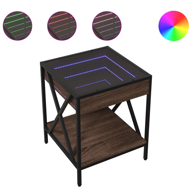 sengebord med Infinity LED-lys 40x40x49 cm brun egetræsfarve