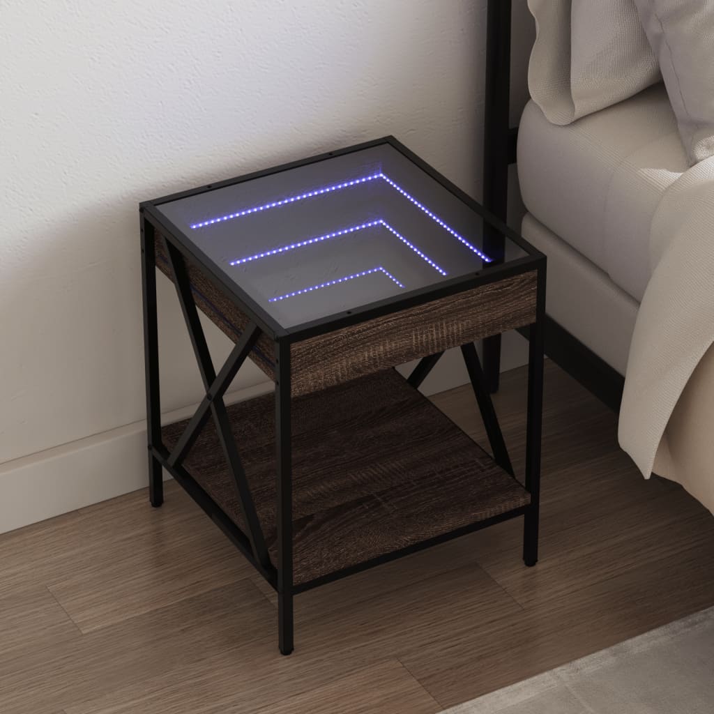 sengebord med Infinity LED-lys 40x40x49 cm brun egetræsfarve