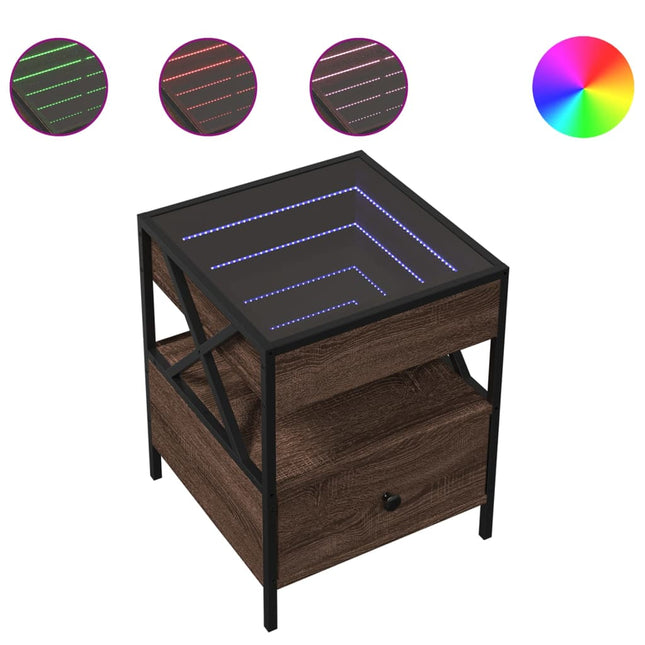 sengebord med Infinity LED-lys 40x40x51 cm brun egetræsfarve