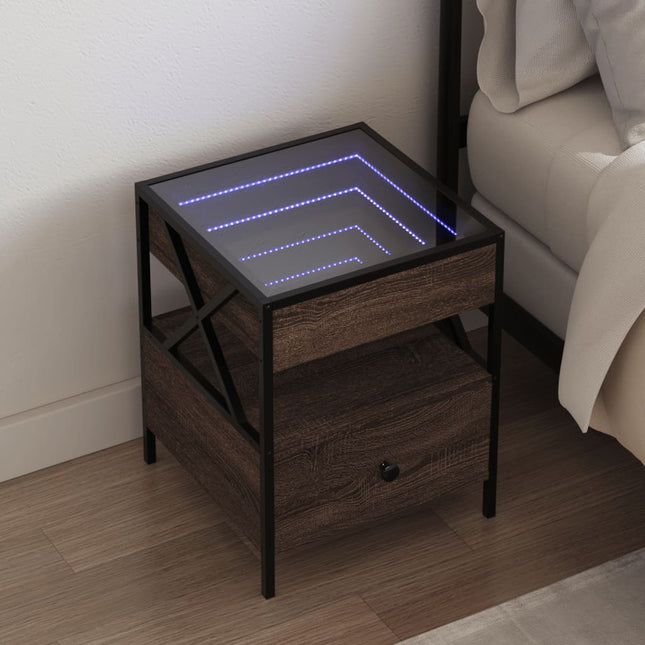sengebord med Infinity LED-lys 40x40x51 cm brun egetræsfarve