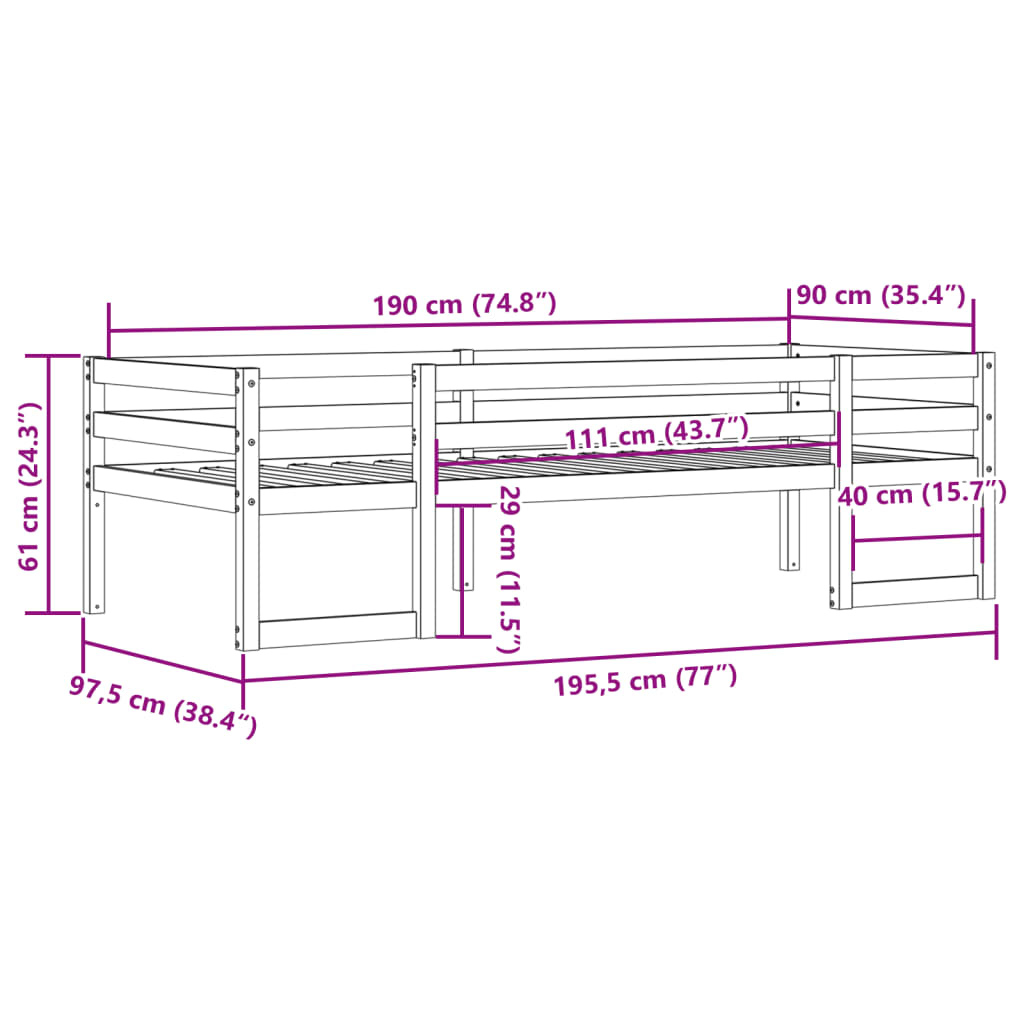 sengeramme til juniorseng 90x190 cm massivt fyrretræ