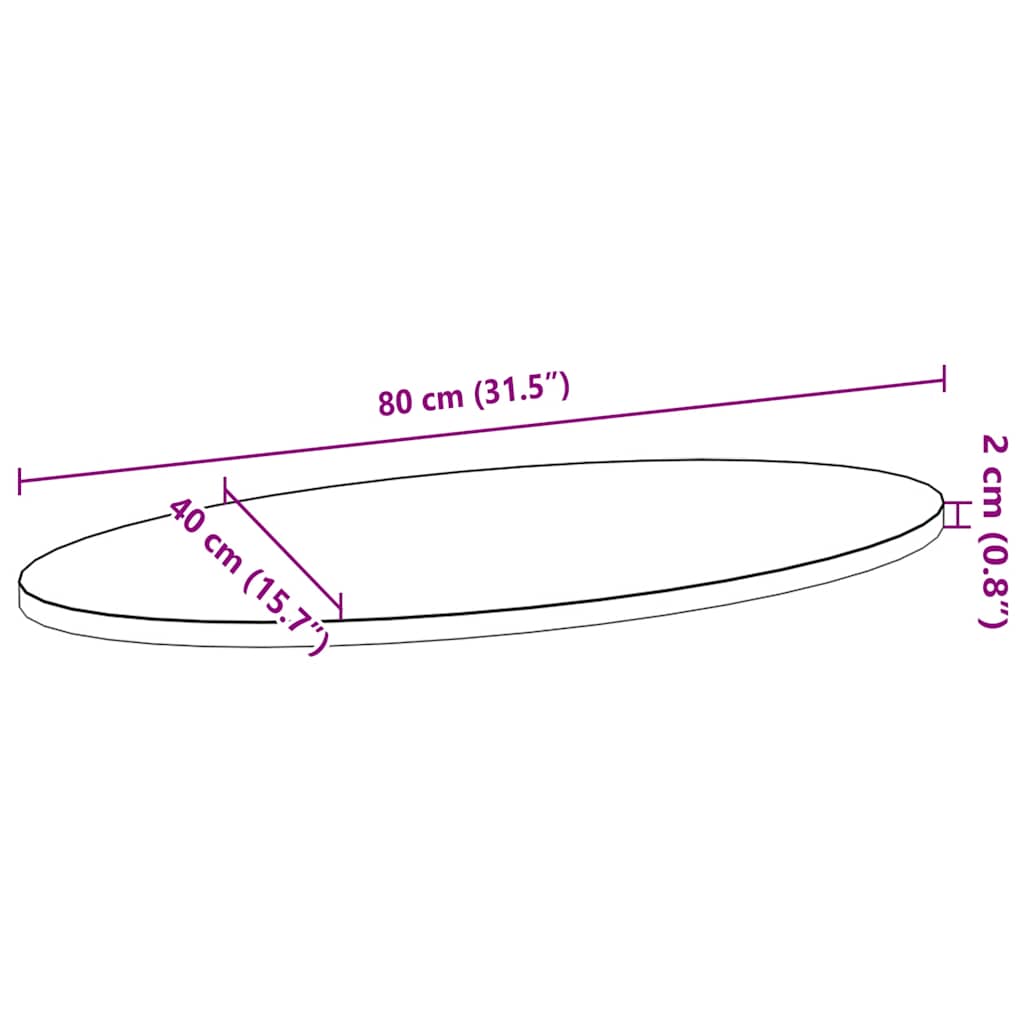 bordplade 80x40x2 cm massivt egetræ oval