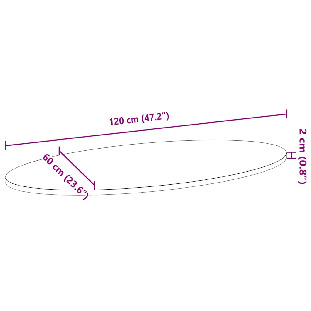 bordplade 120x60x2 cm massivt egetræ oval