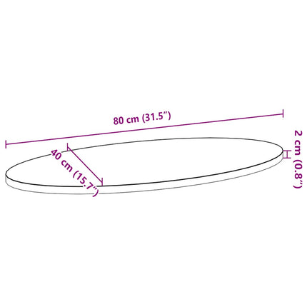 bordplade 80x40x2 cm massivt egetræ oval lysebrun