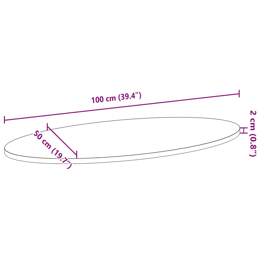 bordplade 100x50x2 cm massivt egetræ oval mørkebrun
