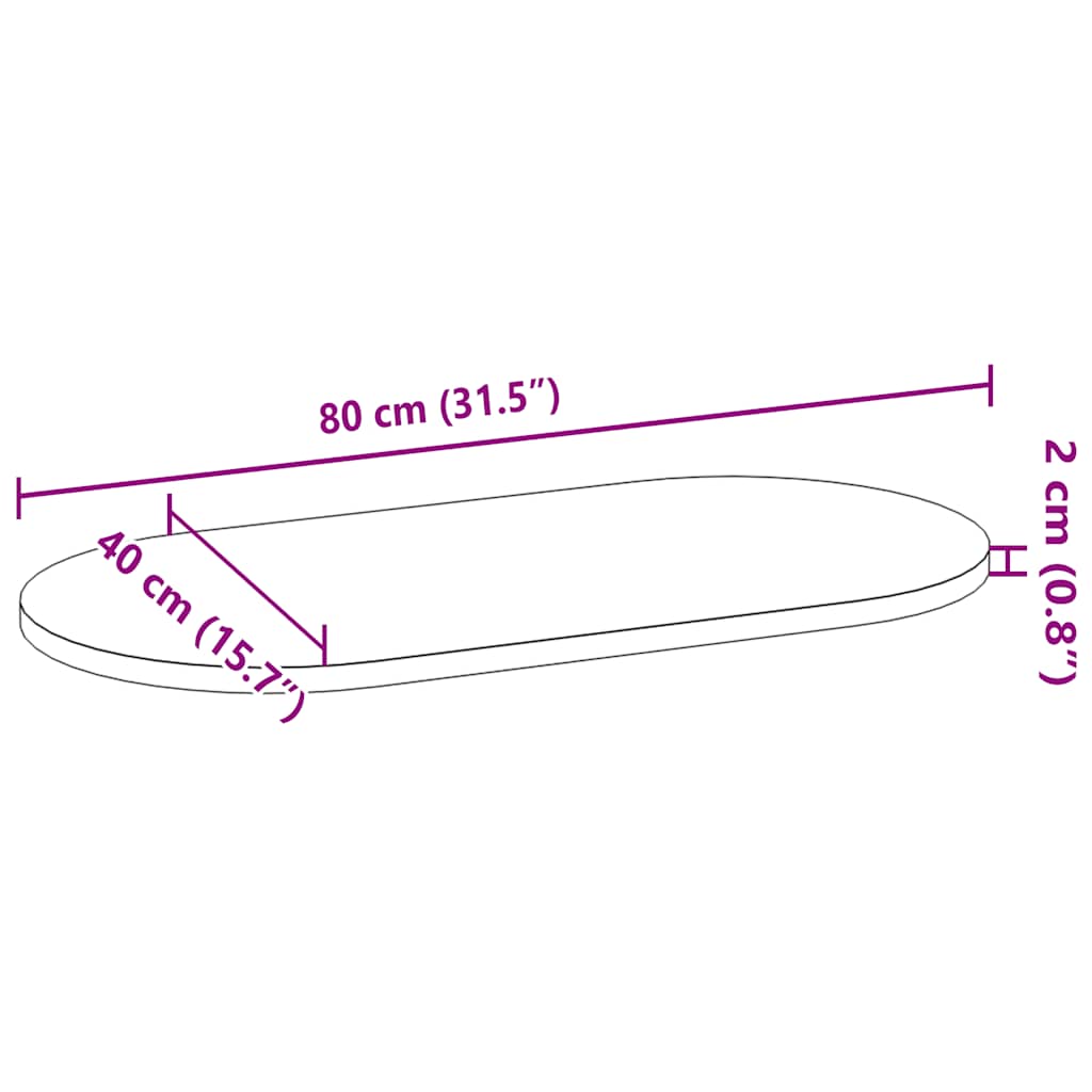 bordplade 80x40x2 cm massivt egetræ oval lysebrun
