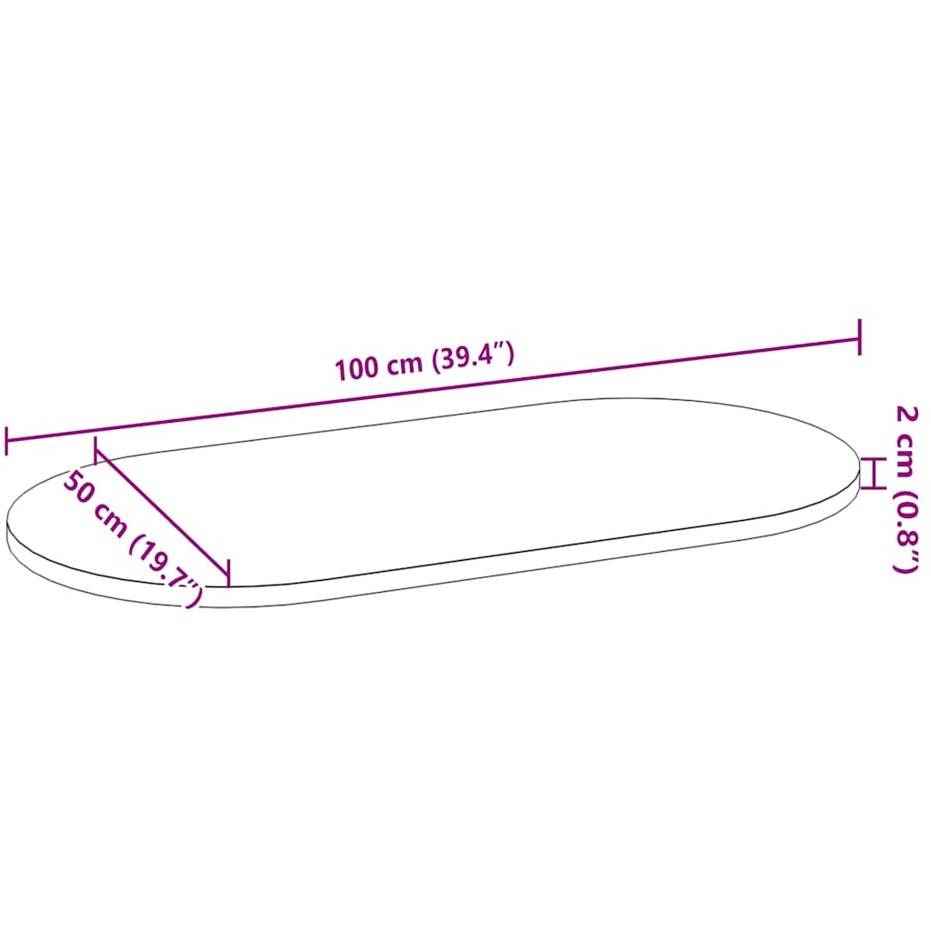 bordplade 100x50x2 cm massivt egetræ oval lysebrun