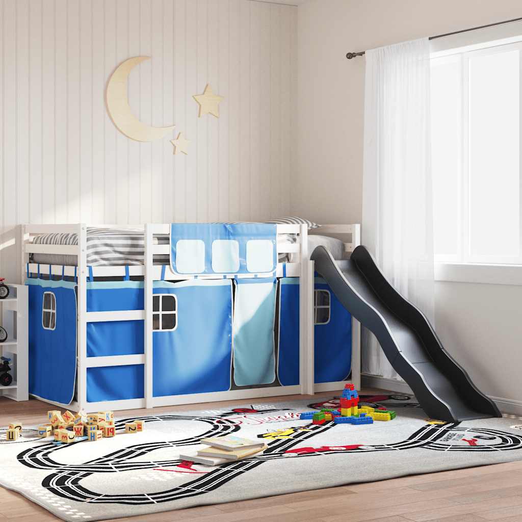 køjeseng med rutsjebane og forhæng 90x200 cm blå