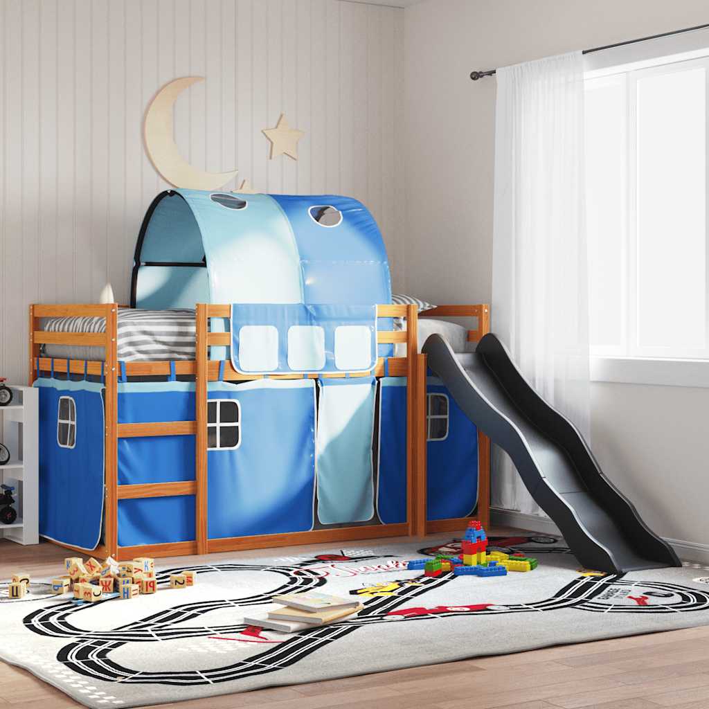 køjeseng med rutsjebane og forhæng 90x200 cm blå