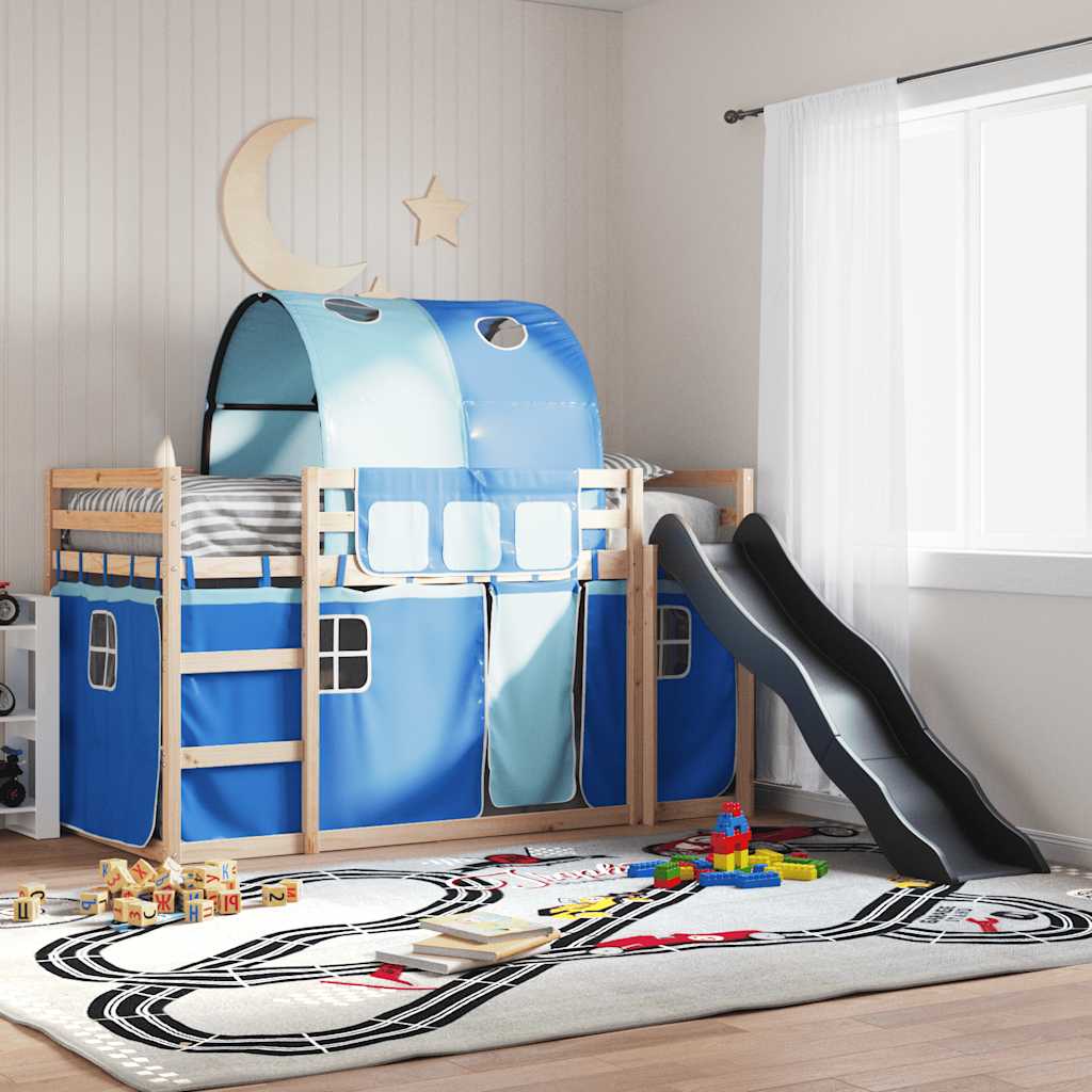 køjeseng med rutsjebane og forhæng 80x200 cm blå