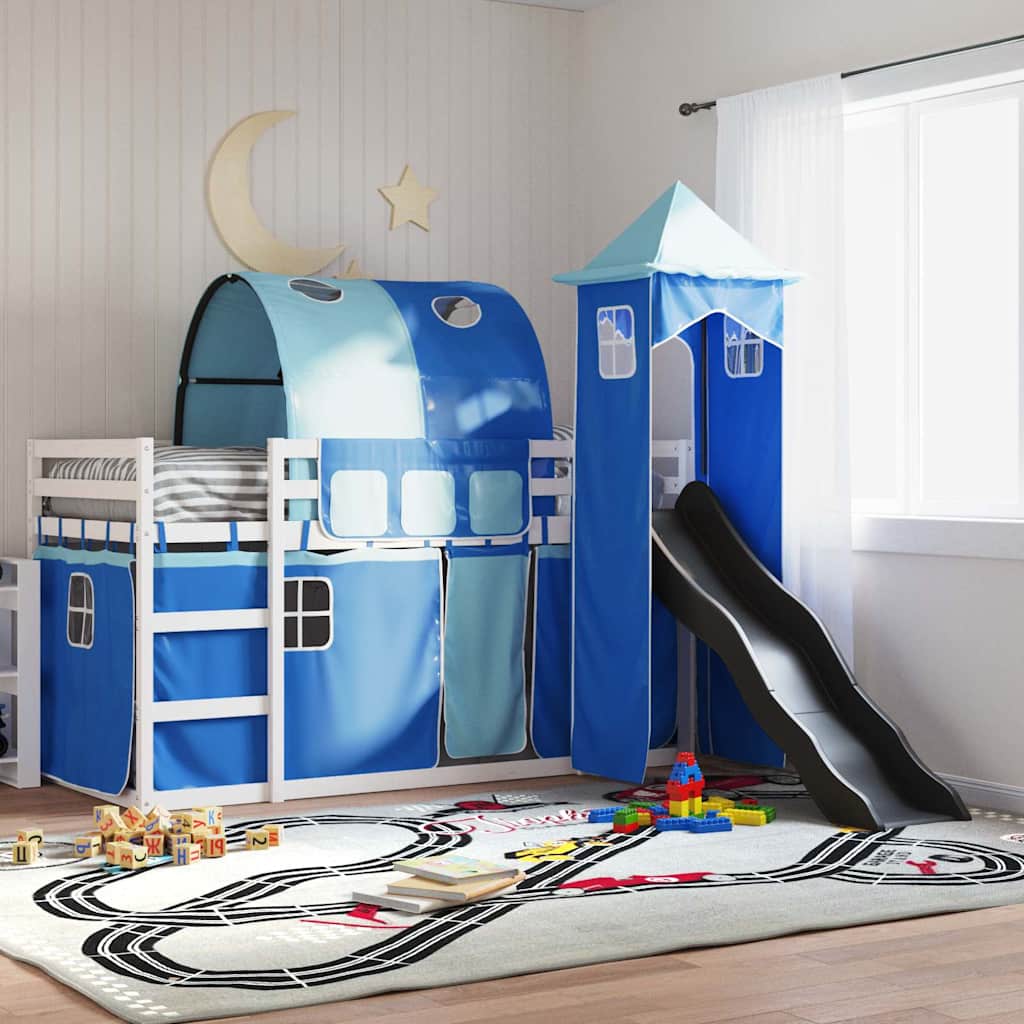 køjeseng med rutsjebane og forhæng 90x200 cm blå