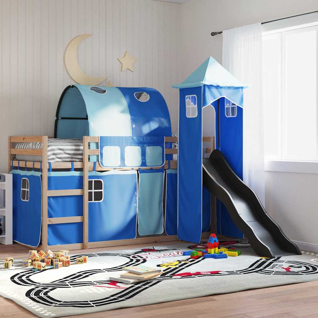 køjeseng med rutsjebane og forhæng 80x200 cm blå