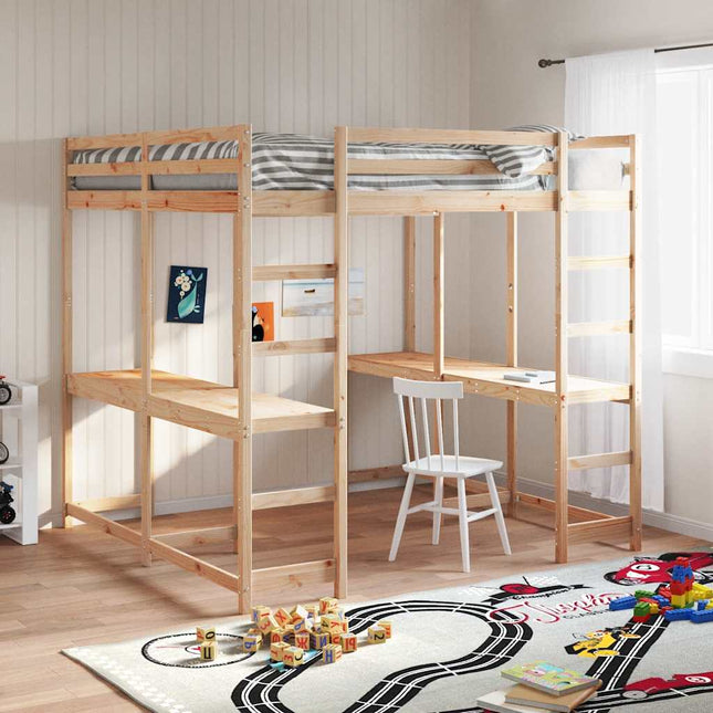 højseng med skrivebord 180x200 cm massivt fyrretræ