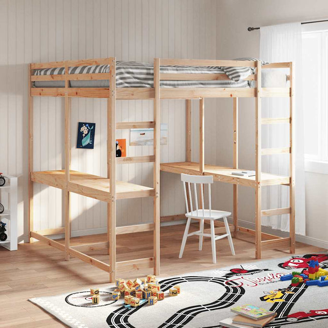 højseng med skrivebord 160x200 cm massivt fyrretræ