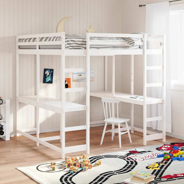 højseng med skrivebord 160x200 cm massivt fyrretræ hvid