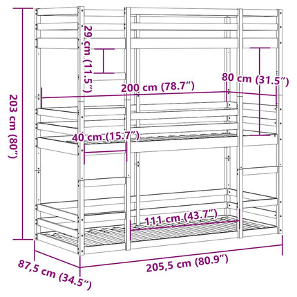 tredobbelt køjeseng 80x200 cm massivt fyrretræ