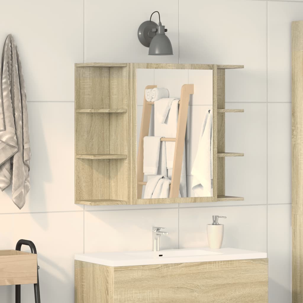 Badeværelsesskab med spejl 80×20,5×64 cm - konstrueret træ, sonoma-eg