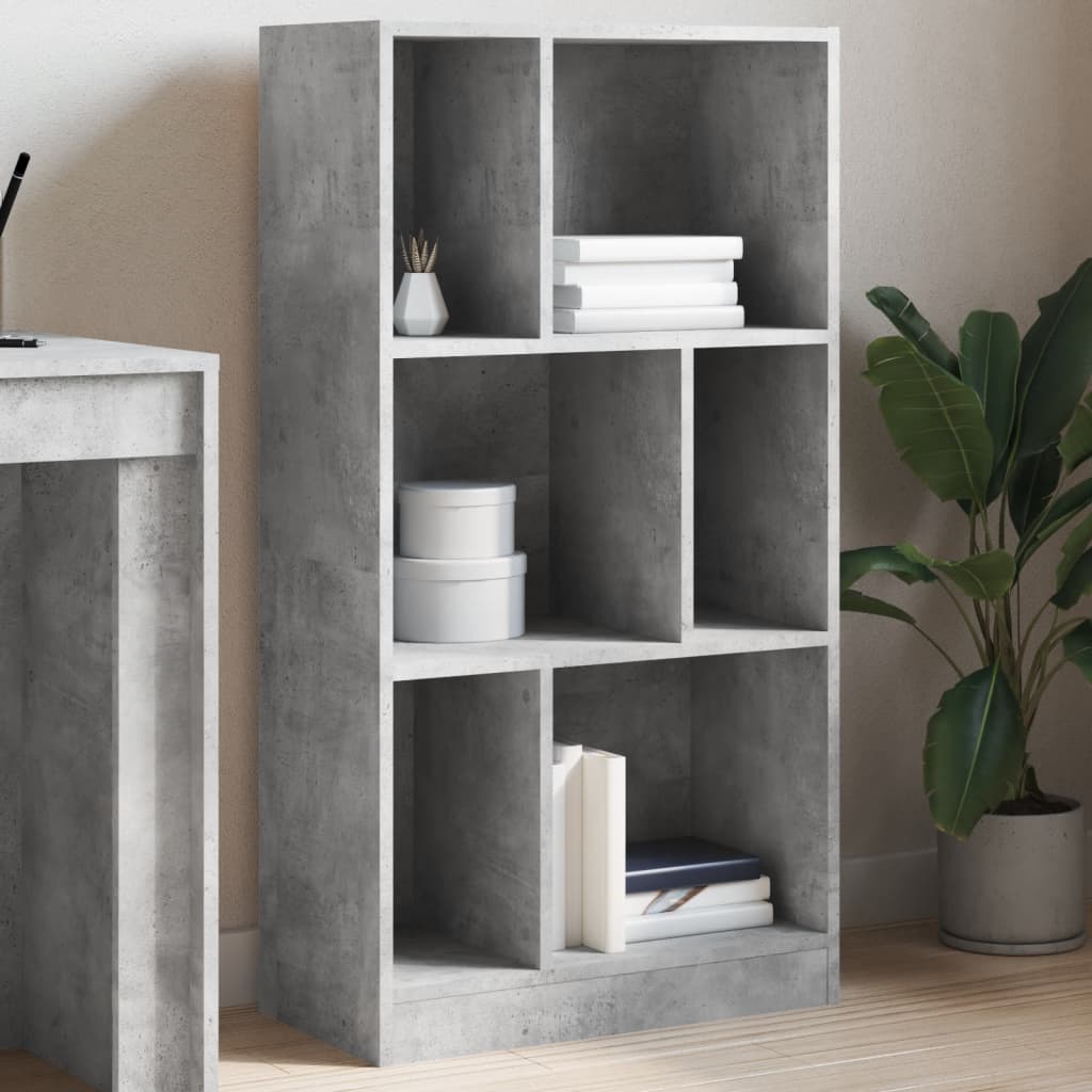 Bogreol i konstrueret træ - 57 × 28,5 × 107,5 cm, betongrå