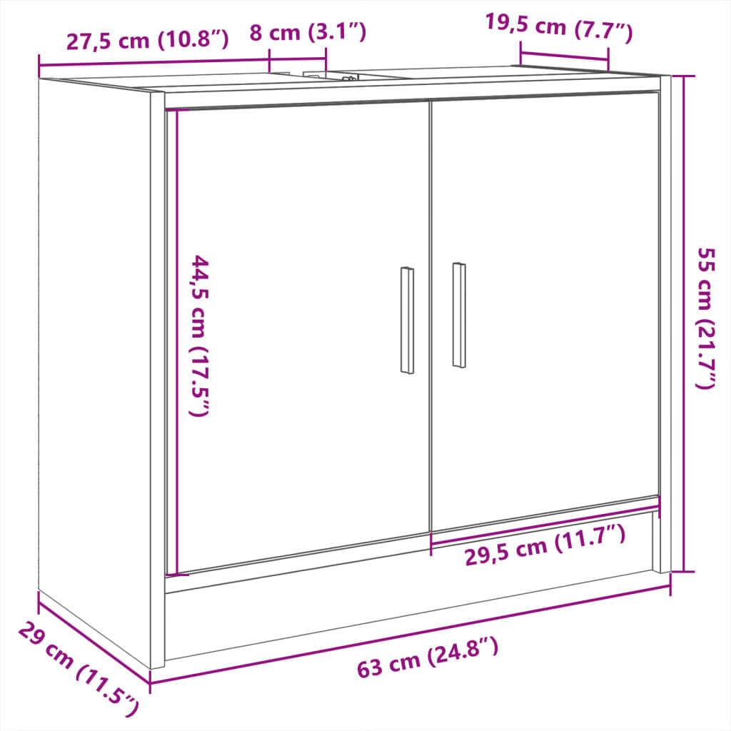 underskab til håndvask 63x29x55 cm konstrueret træ betongrå