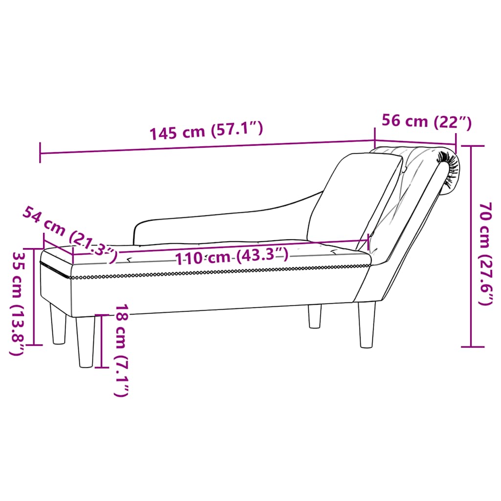 chaiselong med pude og højre armlæn fløjl lyserød