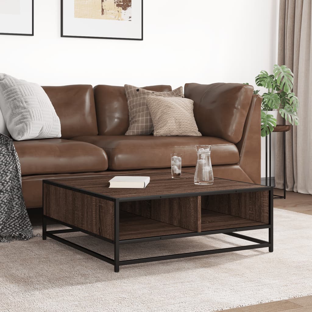 sofabord 80x80x30 cm konstrueret træ og metal brunt eg