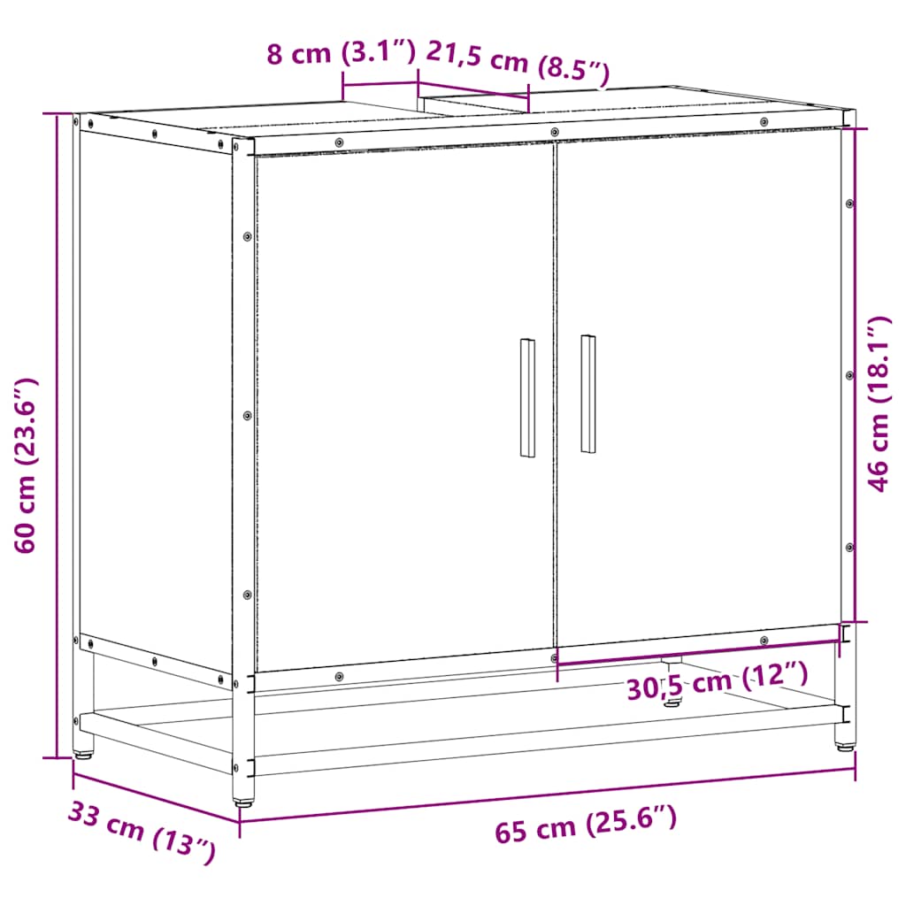 skab til håndvask til badeværelse 65x33x60 cm grå sonoma-eg