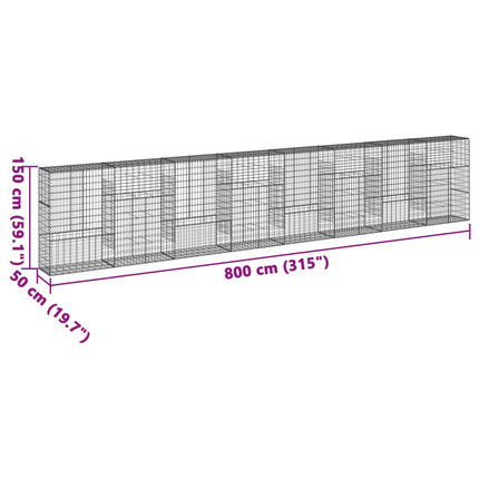 gabionkurv med cover 800x50x150 cm galvaniseret jern
