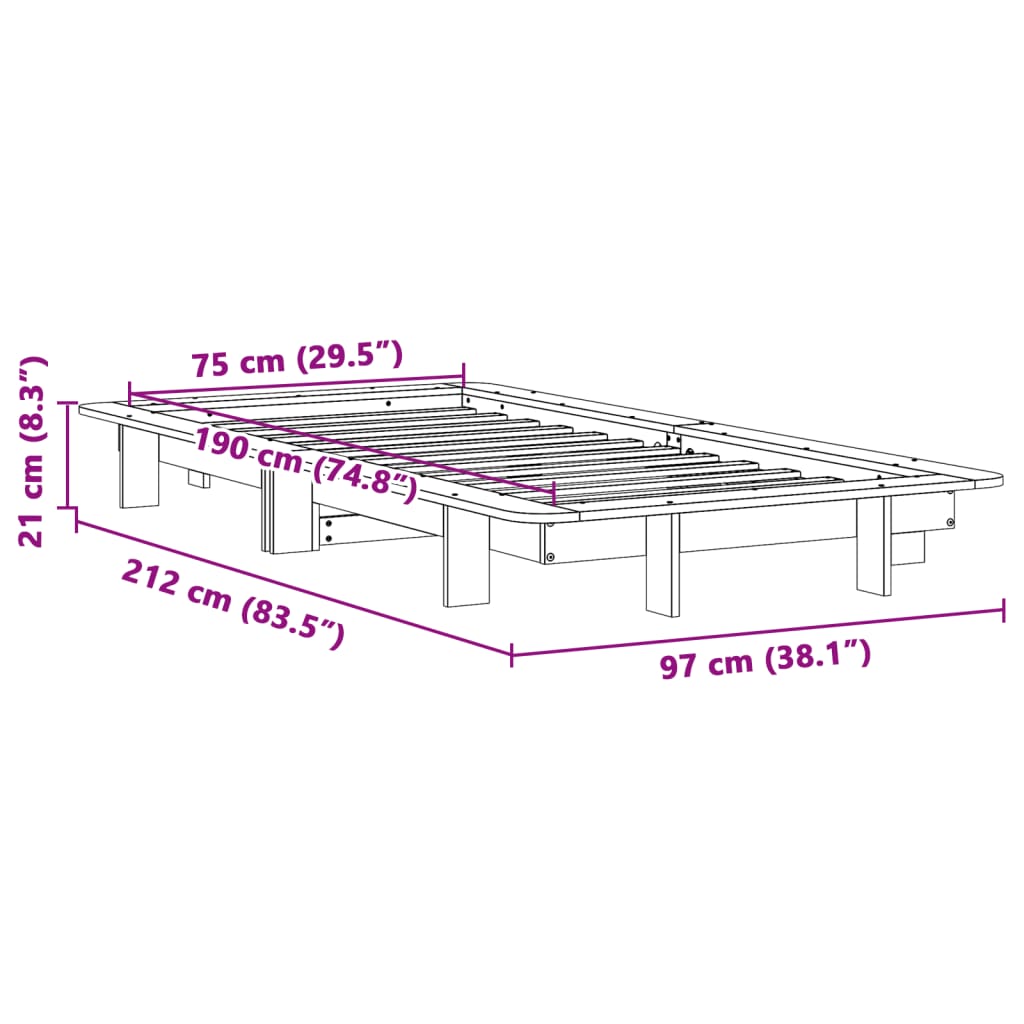 sengeramme uden madras 75x190 cm massivt fyrretræ