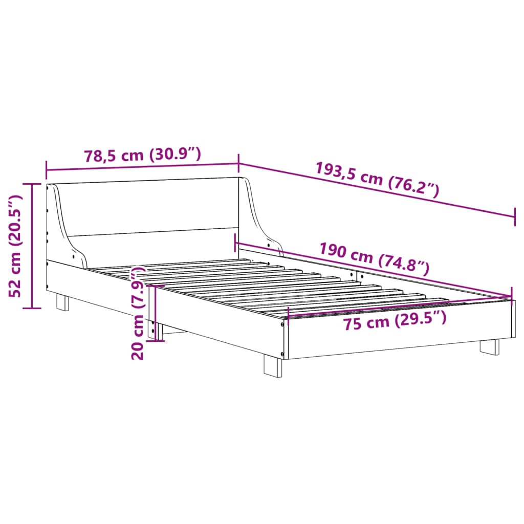 sengeramme uden madras 75x190 cm massivt fyrretræ hvid