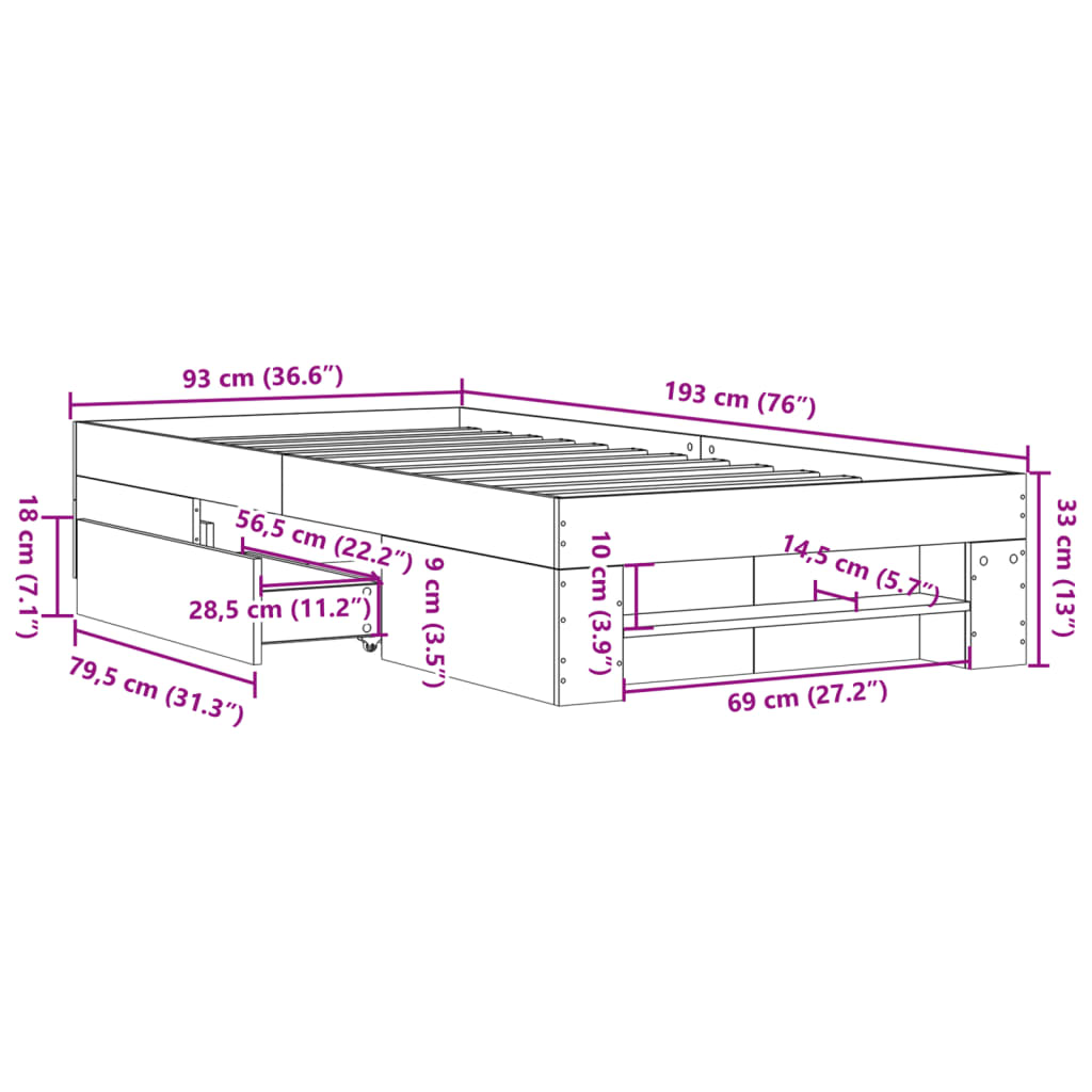sengeramme 90x190 cm uden madras konstrueret træ brunt eg