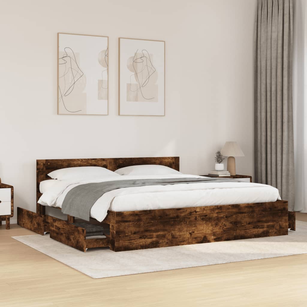 sengeramme med sengegavl 200x200 cm konstrueret træ røget eg