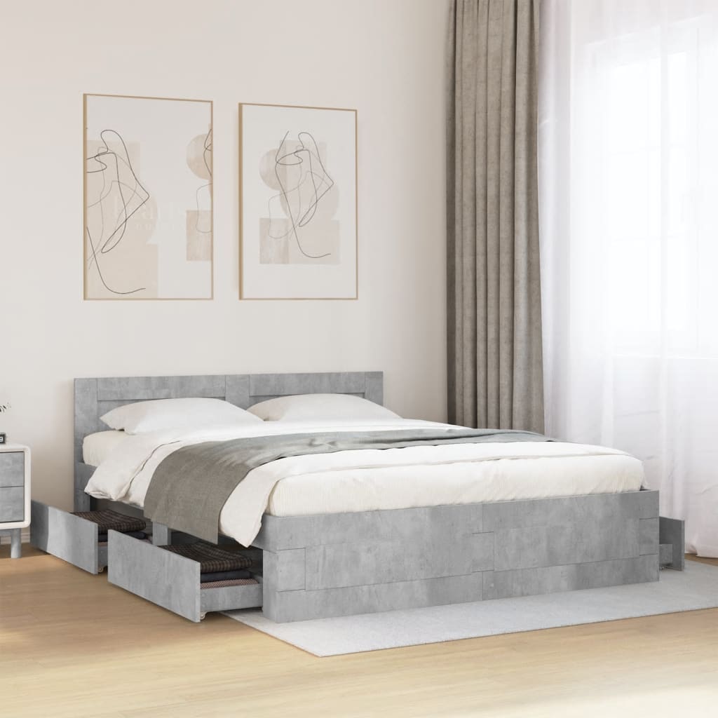sengeramme med sengegavl 150x200 cm konstrueret træ betongrå