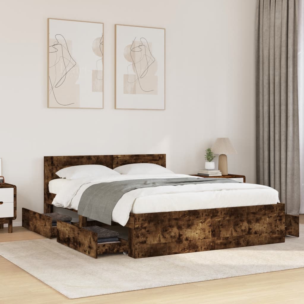sengeramme med sengegavl 120x190 cm konstrueret træ røget eg