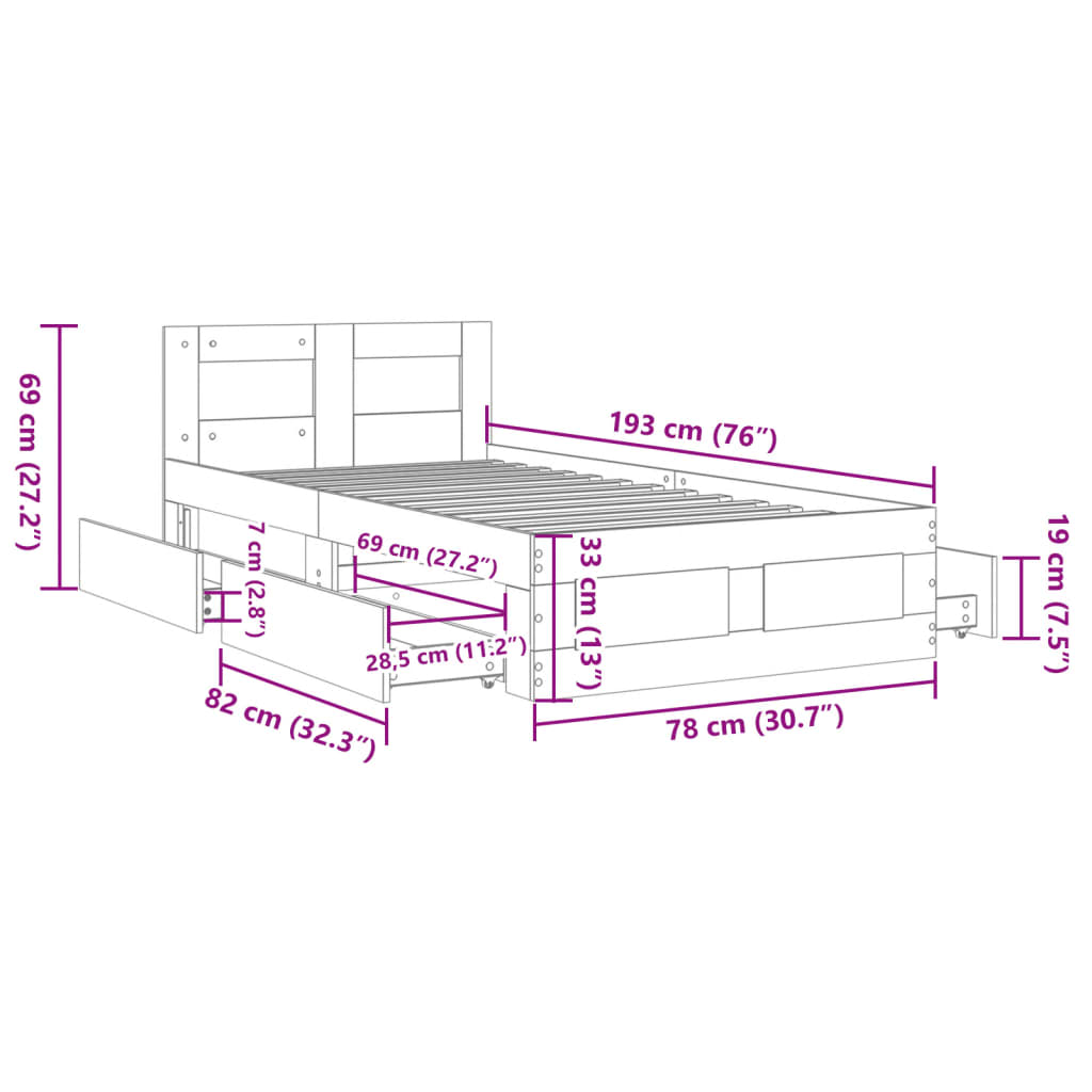 sengeramme med sengegavl 75x190 cm konstrueret træ sonoma-eg