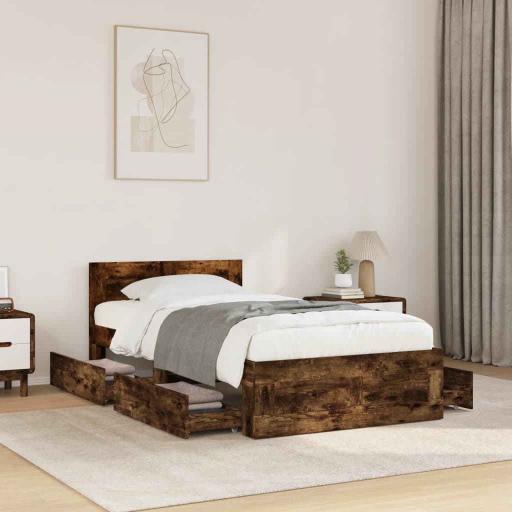 sengeramme med sengegavl 75x190 cm konstrueret træ røget eg