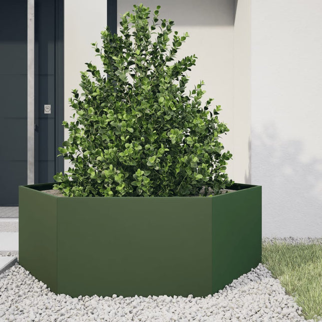 plantekasse 138x120x45 cm sekskantet stål olivengrøn