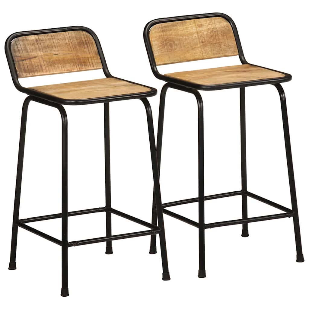 Barstole - 2 stk. i massivt ru mangotræ med metalben, 46×35,5×80 cm - brun/sort