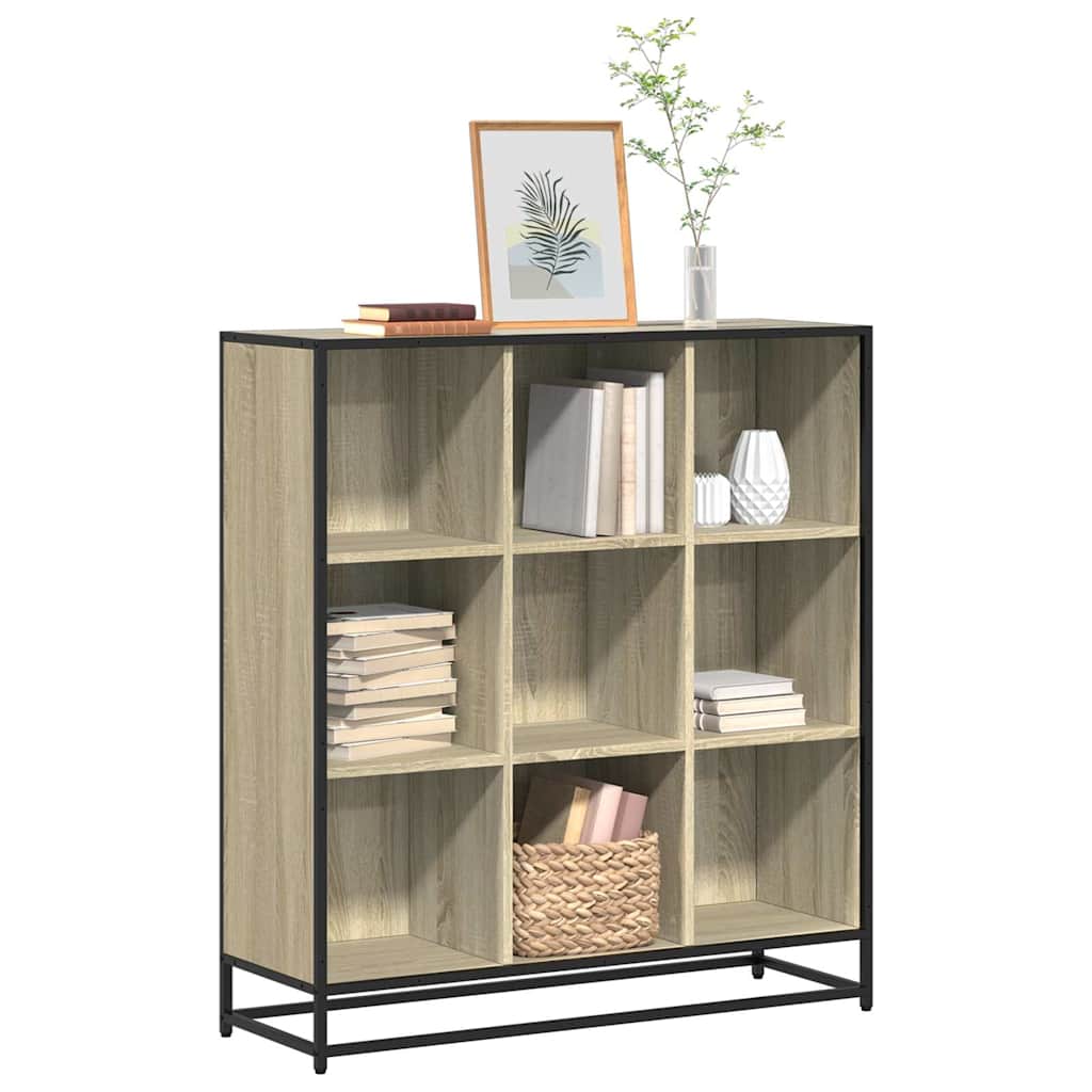 Bogreol med 9 rum - konstrueret træ/metal, 97,5×33×107,5 cm, sonoma-eg