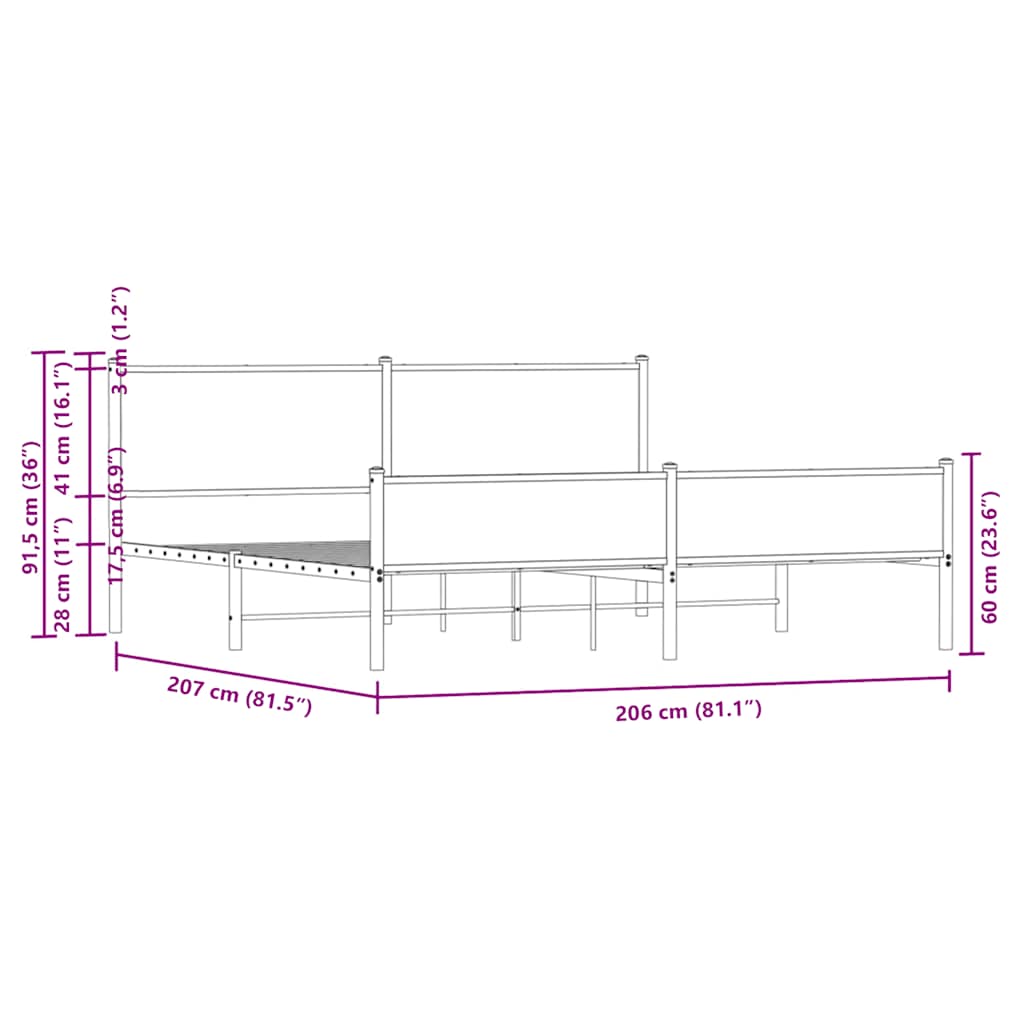 sengeramme uden madras 200x200 cm metal røget egetræsfarve