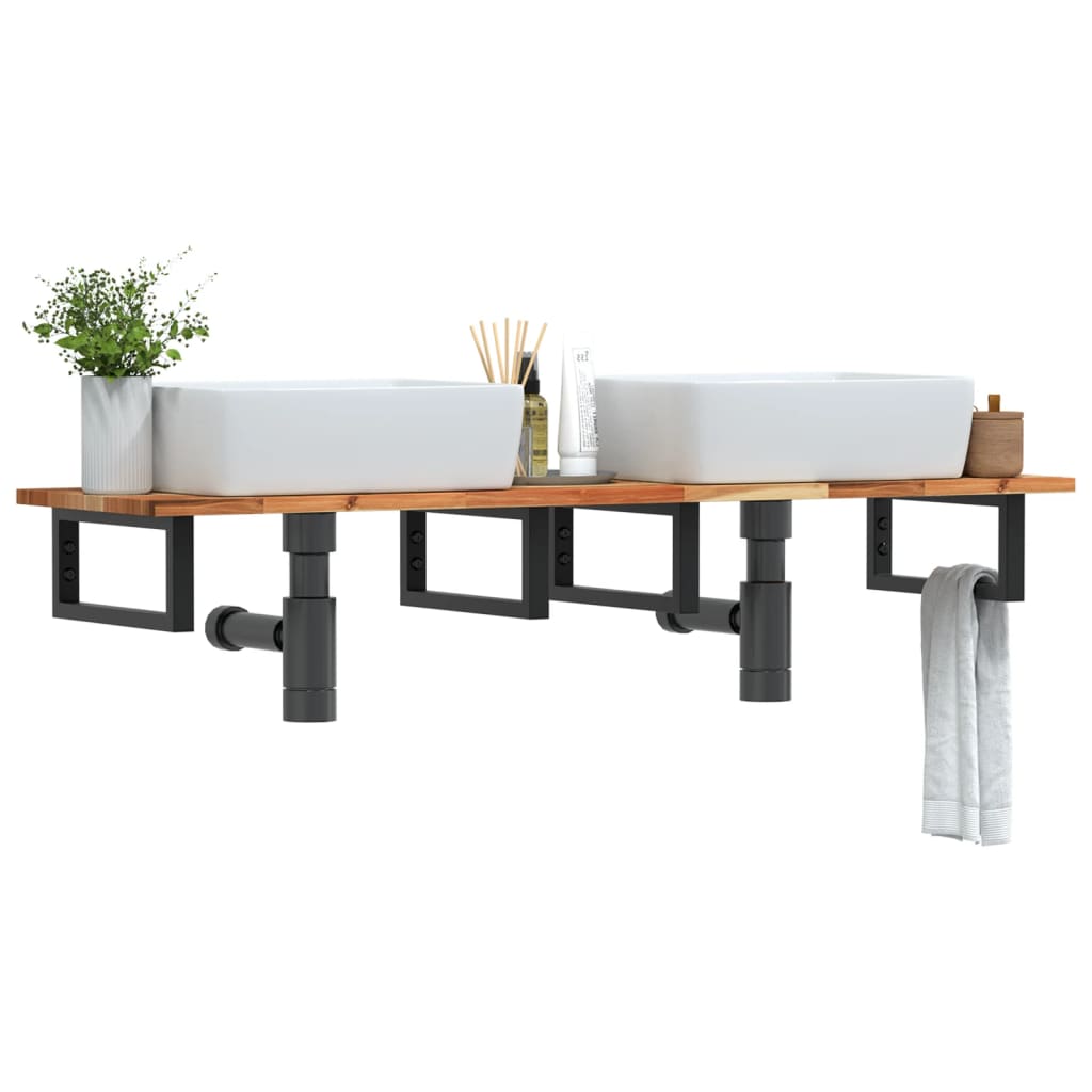 væghængt badeværelseshylde stål og massivt akacietræ