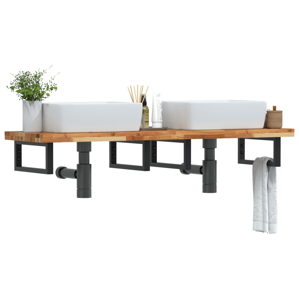 væghængt badeværelseshylde stål og massivt akacietræ