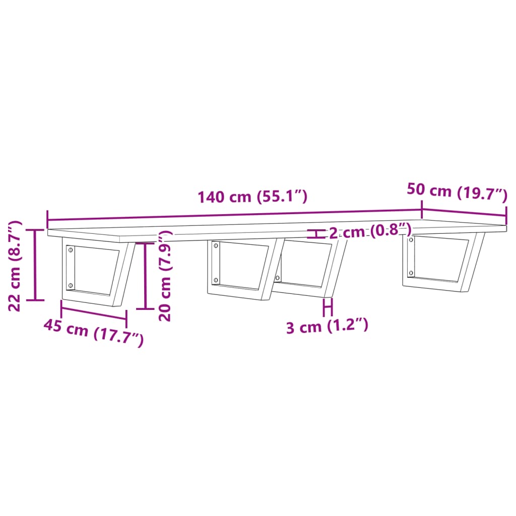 væghængt badeværelseshylde stål og massivt akacietræ