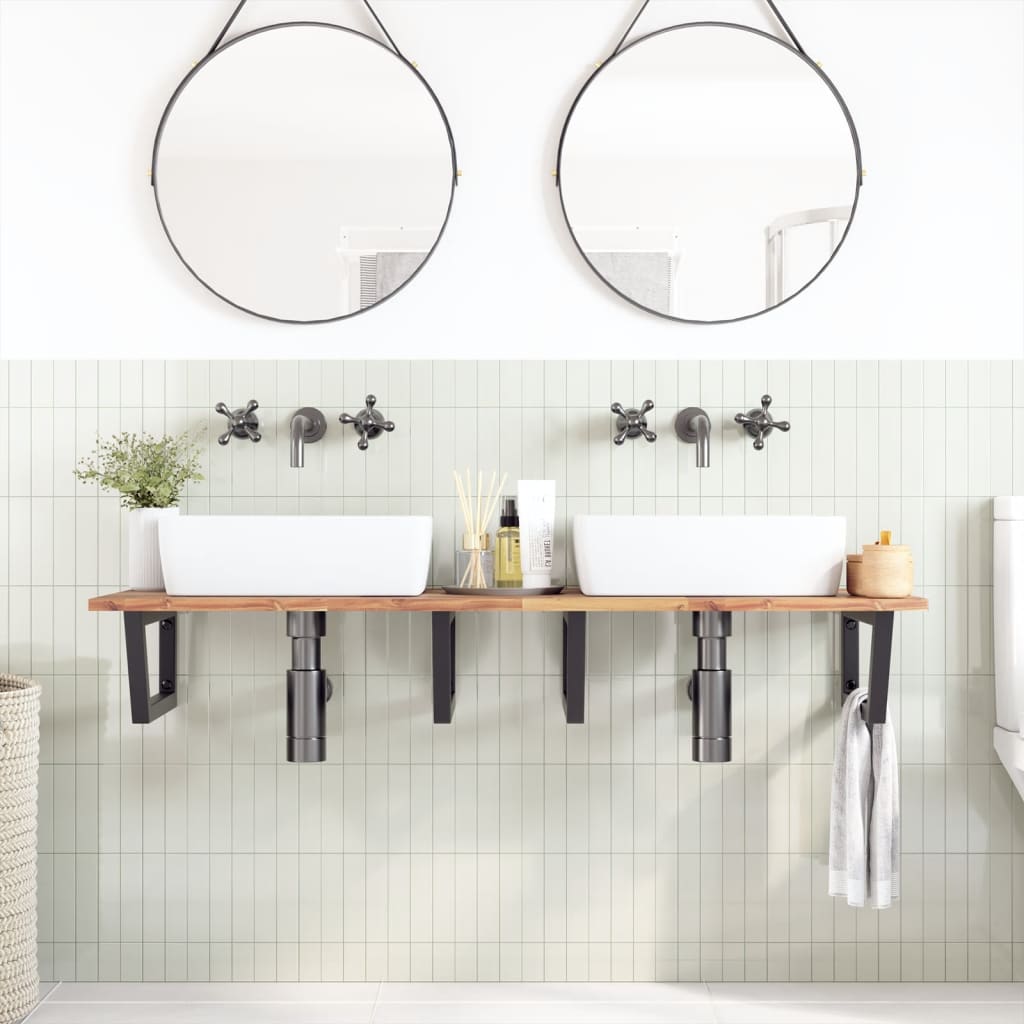 væghængt badeværelseshylde stål og massivt akacietræ