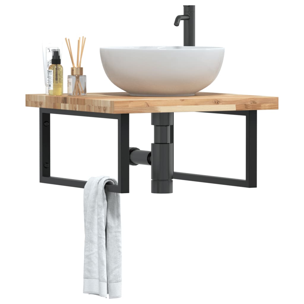 væghængt badeværelseshylde stål og massivt akacietræ