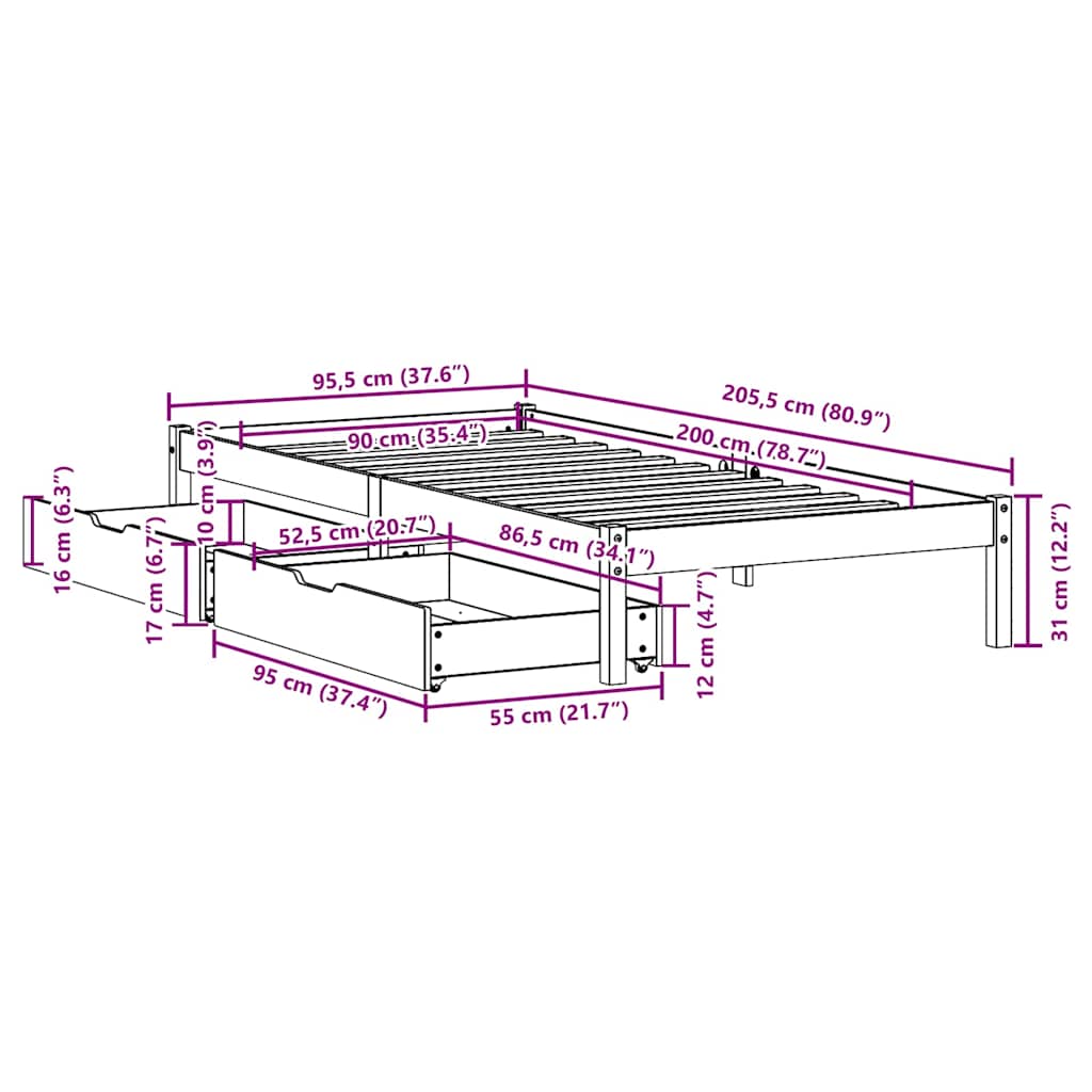 sengeramme uden madras 90x200 cm massivt fyrretræ hvid