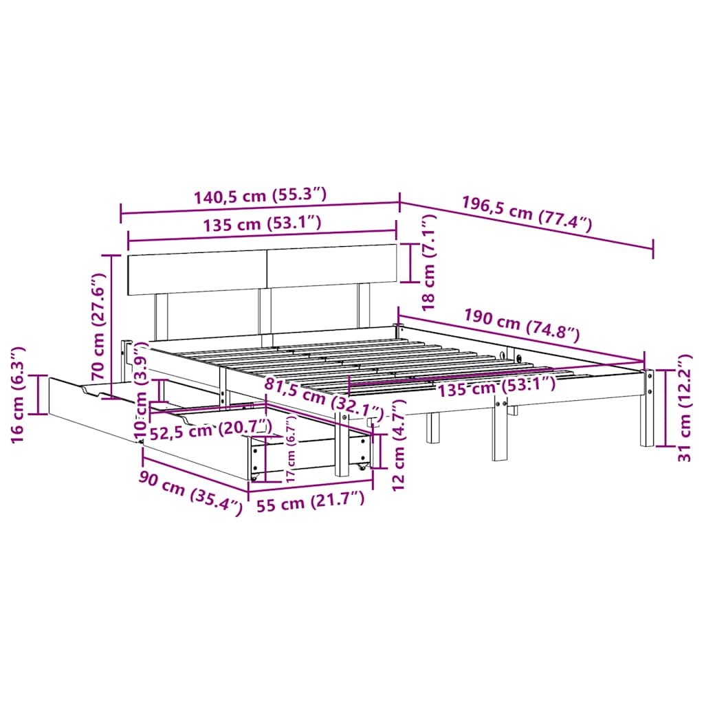 sengeramme uden madras 135x190 cm massivt fyrretræ hvid